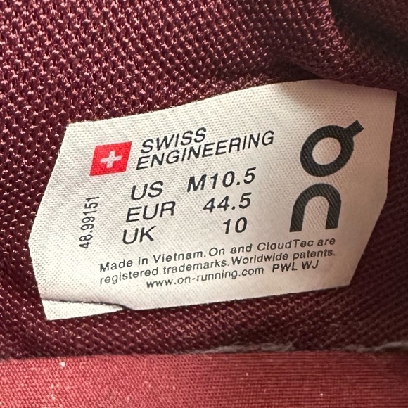 On Running White and Burgundy Athletic Shoes - Picture 2 of 7